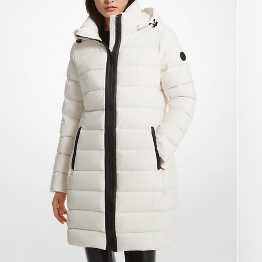 Michael Kors  Puffer Jacket with Black leather Accents in color bone